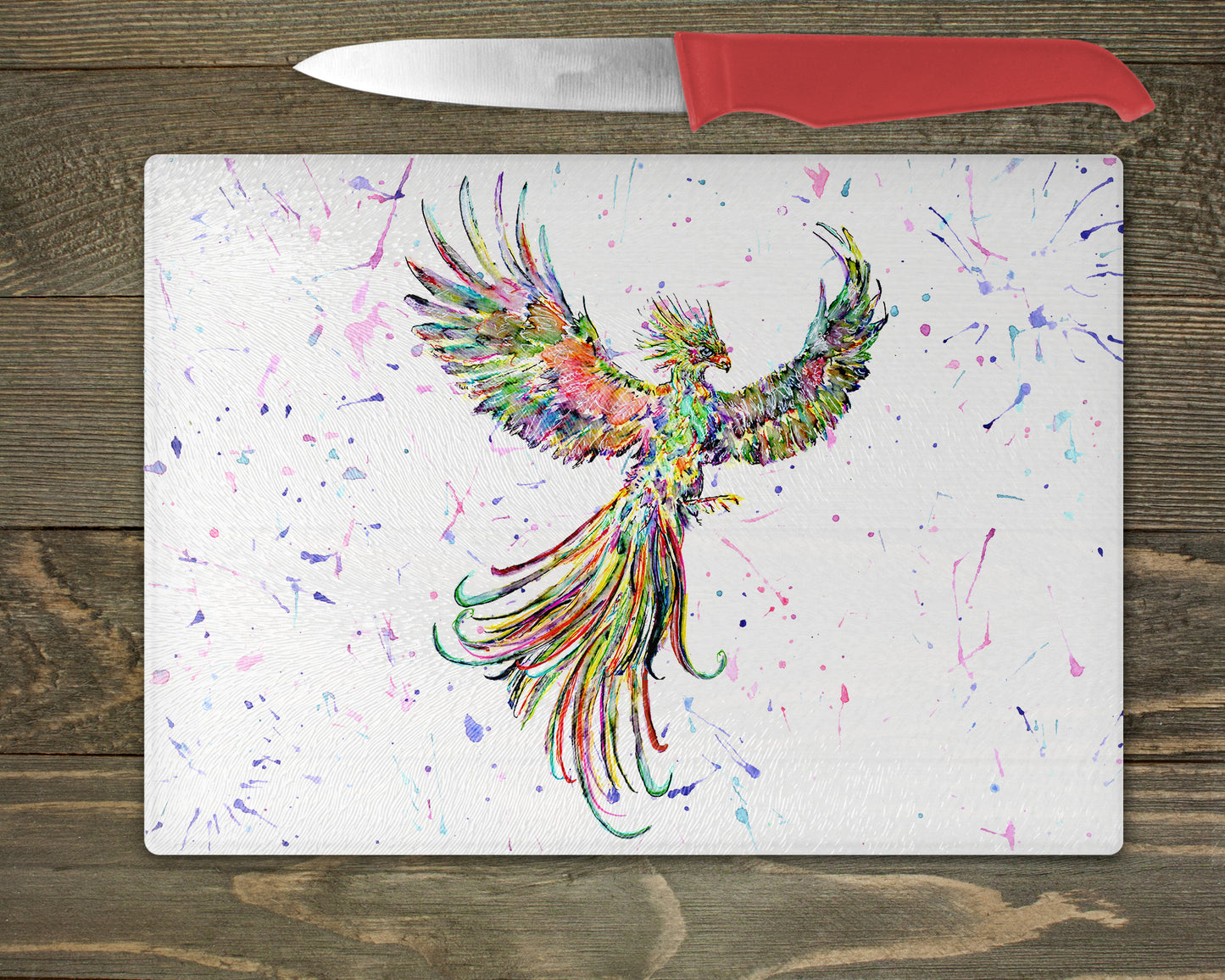 Phoenix Watercolour Splash Glass Chopping Board -5 Backgrounds To Choose From